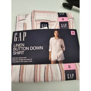 GAP Womens Linen Button Down Shirt Pink Tan Striped Long Sleeve Small GP007933‎